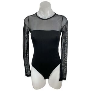 Blue Blush Women's Black Mesh Sheer Long Sleeve Crew Neck Bodysuit Top Size S
